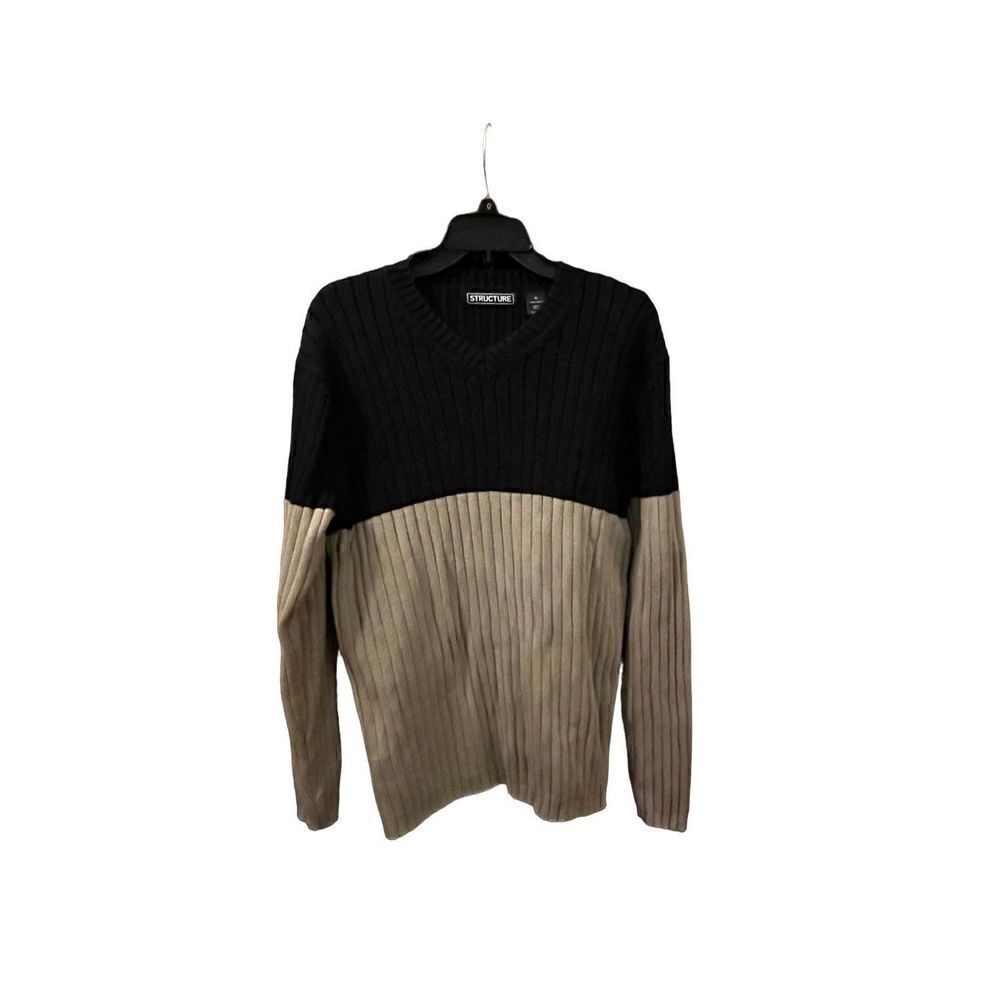 STRUCTURE COLOR BLOCK RIBBED COTTON V NECK PULLOVER SWEATER NAVY TAN XL